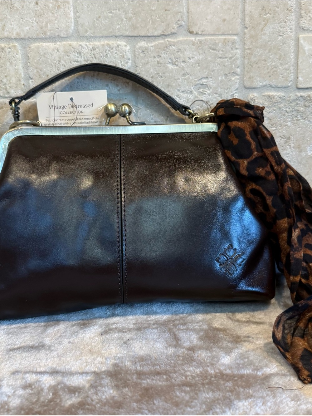 NWT Patricia Nash Vintage Espresso Leather Kiss Lock Bag + Leopard Scarf